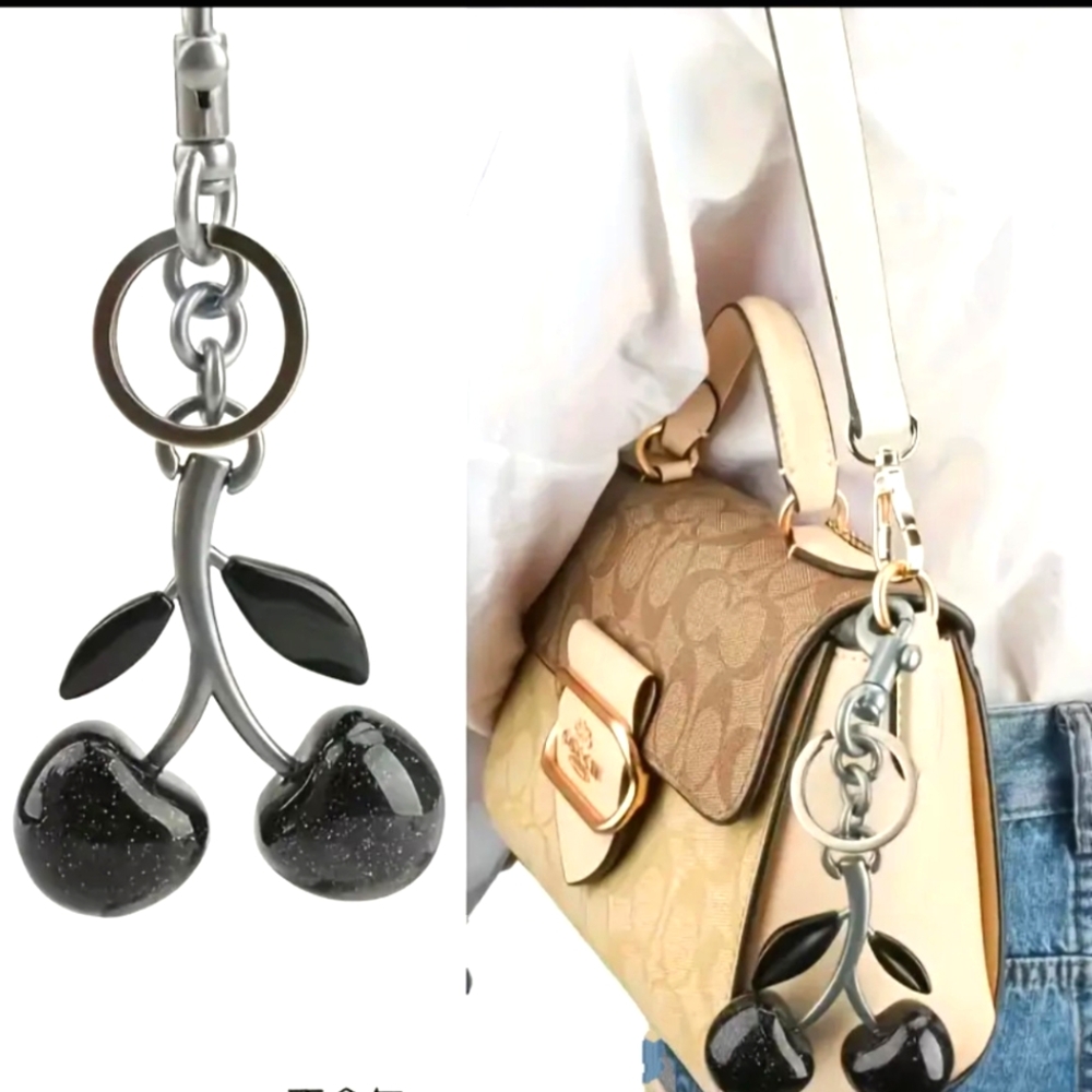 Black Resin and Silver Metal Cherry Keychain Bag Charm for Purse